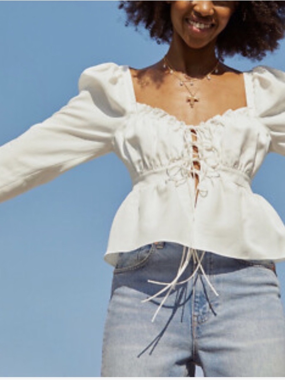 White Lace-Up Peplum Long-Sleeve Top